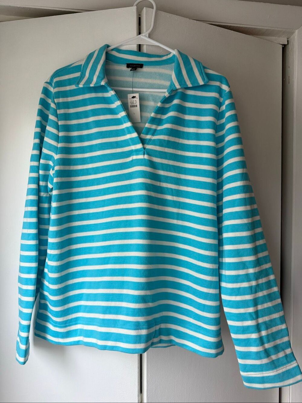 Talbots Large Blue and White Stripe Long Sleeve Collar V Neck Fall Spring Outerw